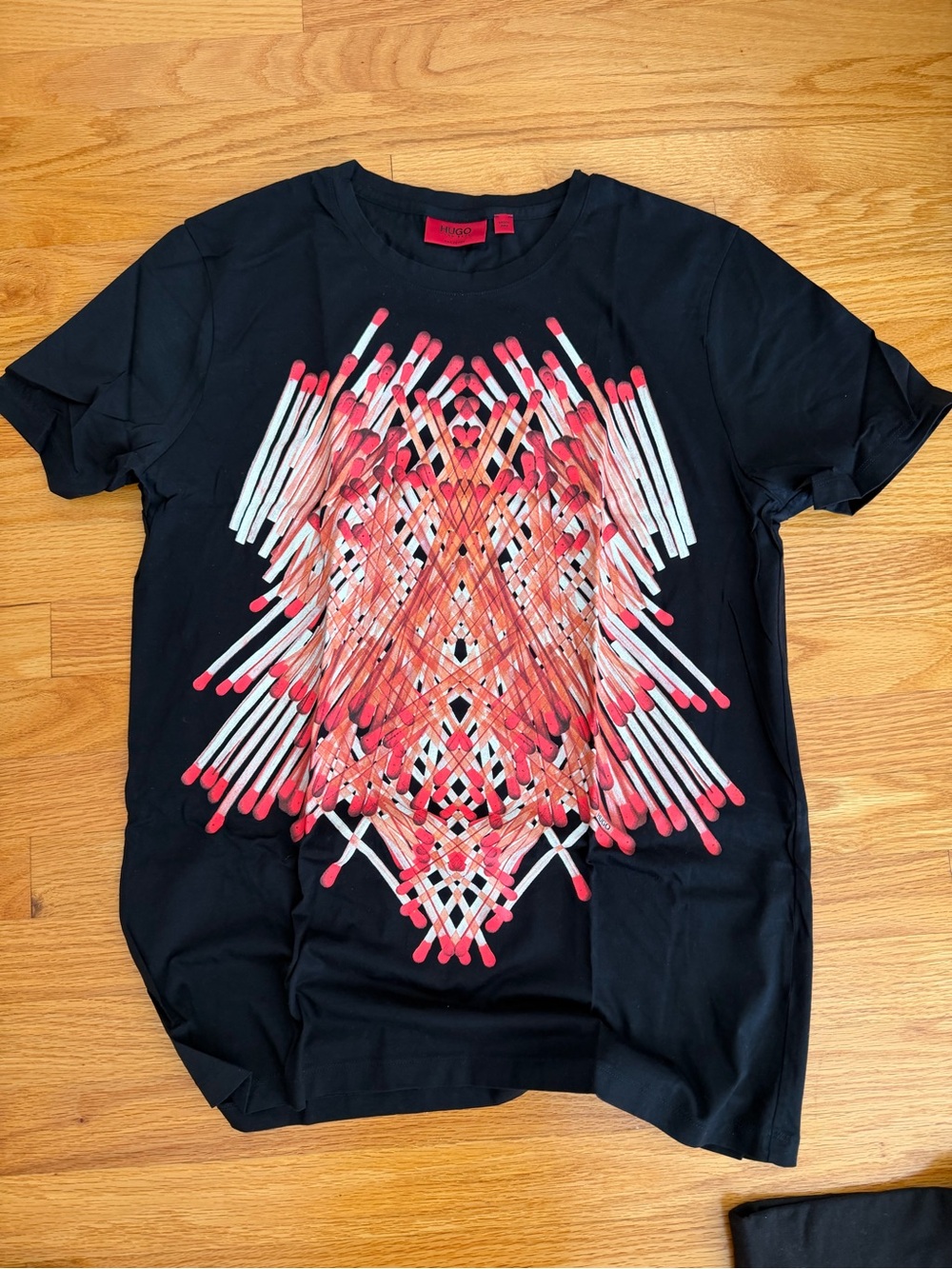 HUGO Black Short-Sleeve Tee with Red and White Matchstick Motif